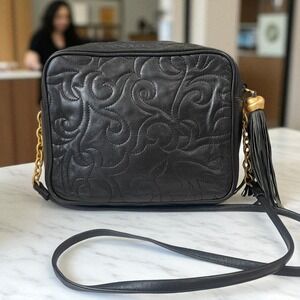 LJS Collection Black Quilted Crossbody Bag‎ Tassel Chain Boho Chic Purse